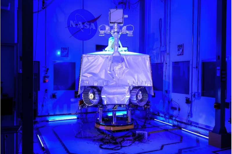 NASA's Volatiles Investigating Polar Exploration Rover (VIPER) assembled inside the cleanroom at the agency's Johnson Space Center in Houston, Texas